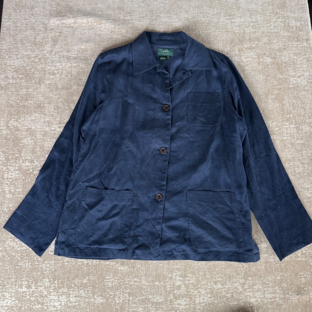 Lauren Ralph Lauren Petite Navy Blue 100% Linen Chore Jacket Coat P/L